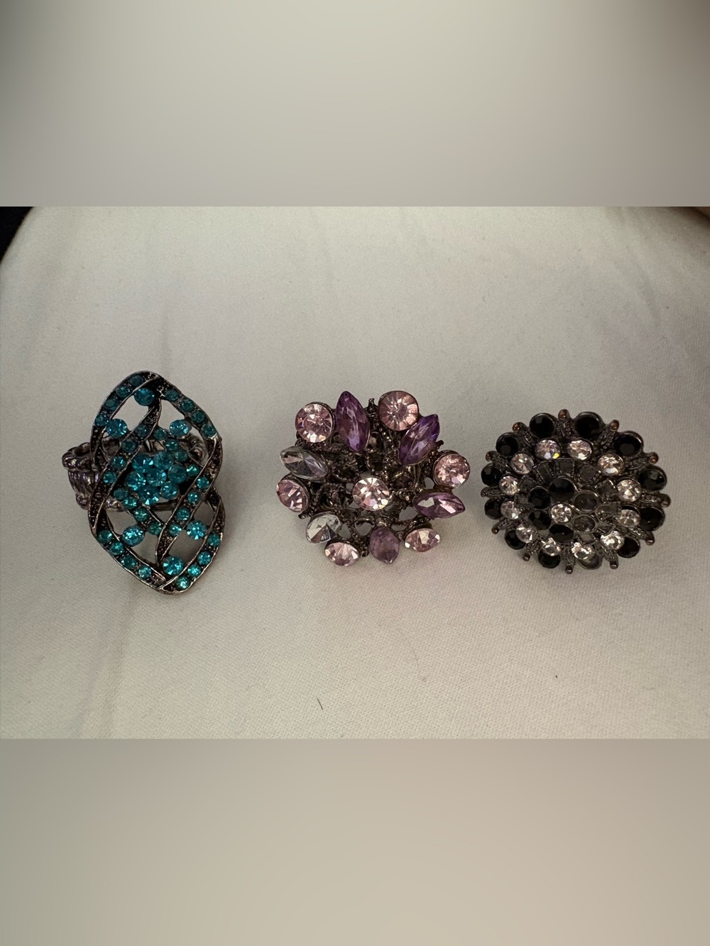 Assorted Crystal Cocktail Rings in Teal, Purple and Black - Women Jewelry